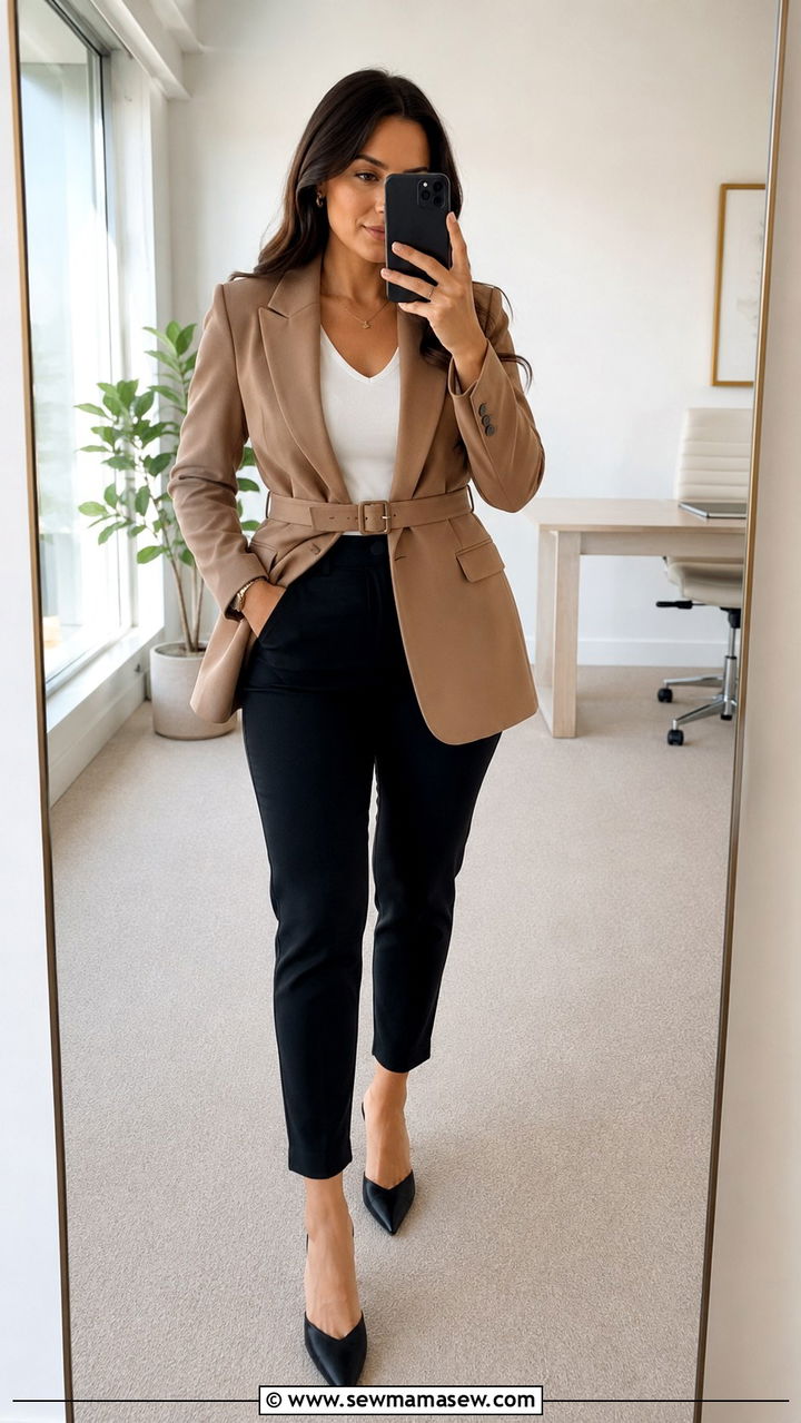 Belted Blazer and Ankle Pants - 25 Work outfits for pear shape