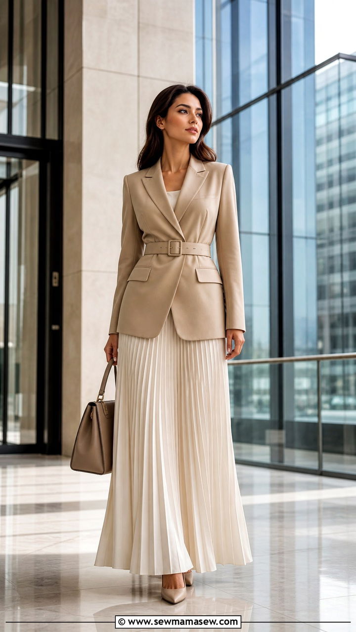 Belted Blazer and Pleated Maxi Skirt - 40 cute maxi skirt outfits