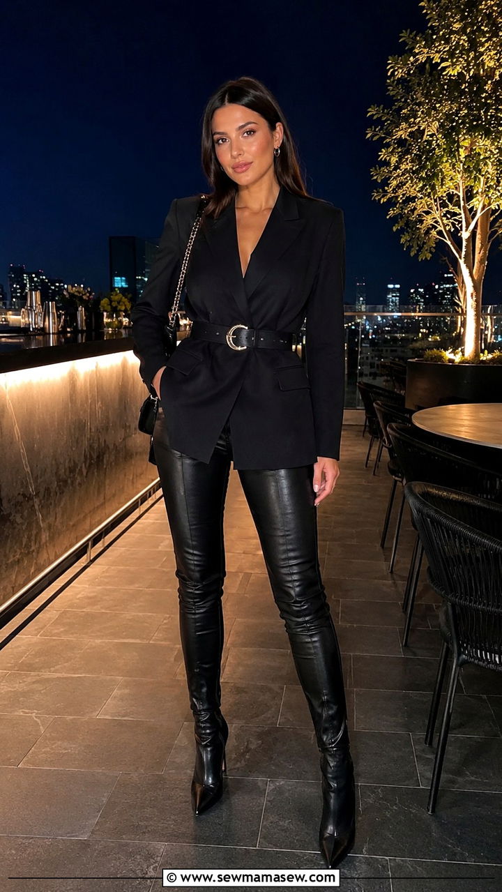 Belted Blazer with Faux Leather Pants - 30 how to style blazer outfits