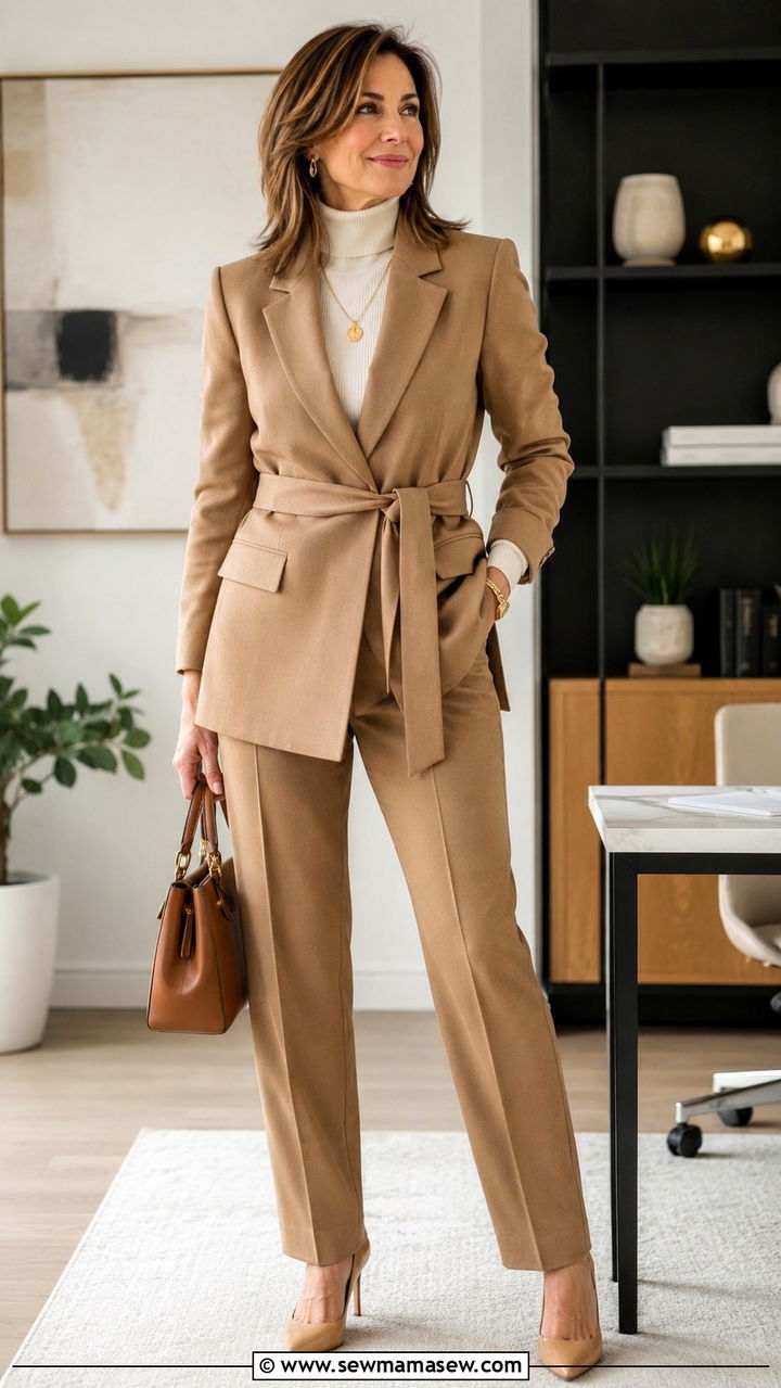 Belted Blazer with Tailored Trousers - 25 blazer outfits for women over 40