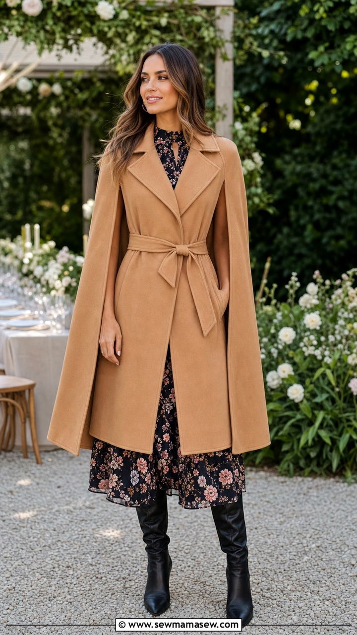 Belted Cape Coat with Midi Dress and Knee High Boots - 35 Cape coat outfit ideas