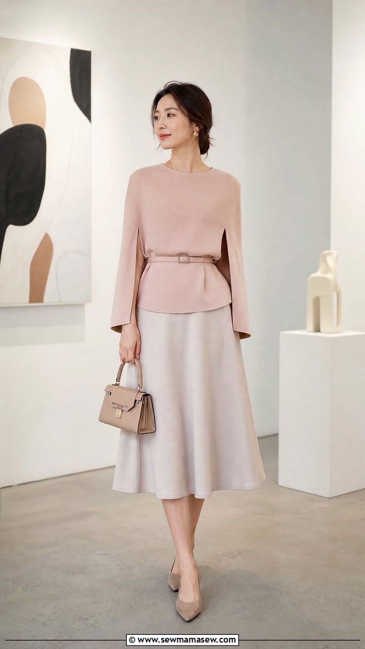 Belted Cape Top With Midi Skirt - 25 casual outfits for modest women