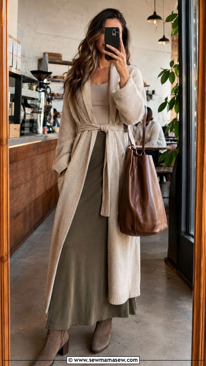 Belted Cardigan With A Jersey Maxi Skirt Outfit - 30 how to style maxi skirt outfits