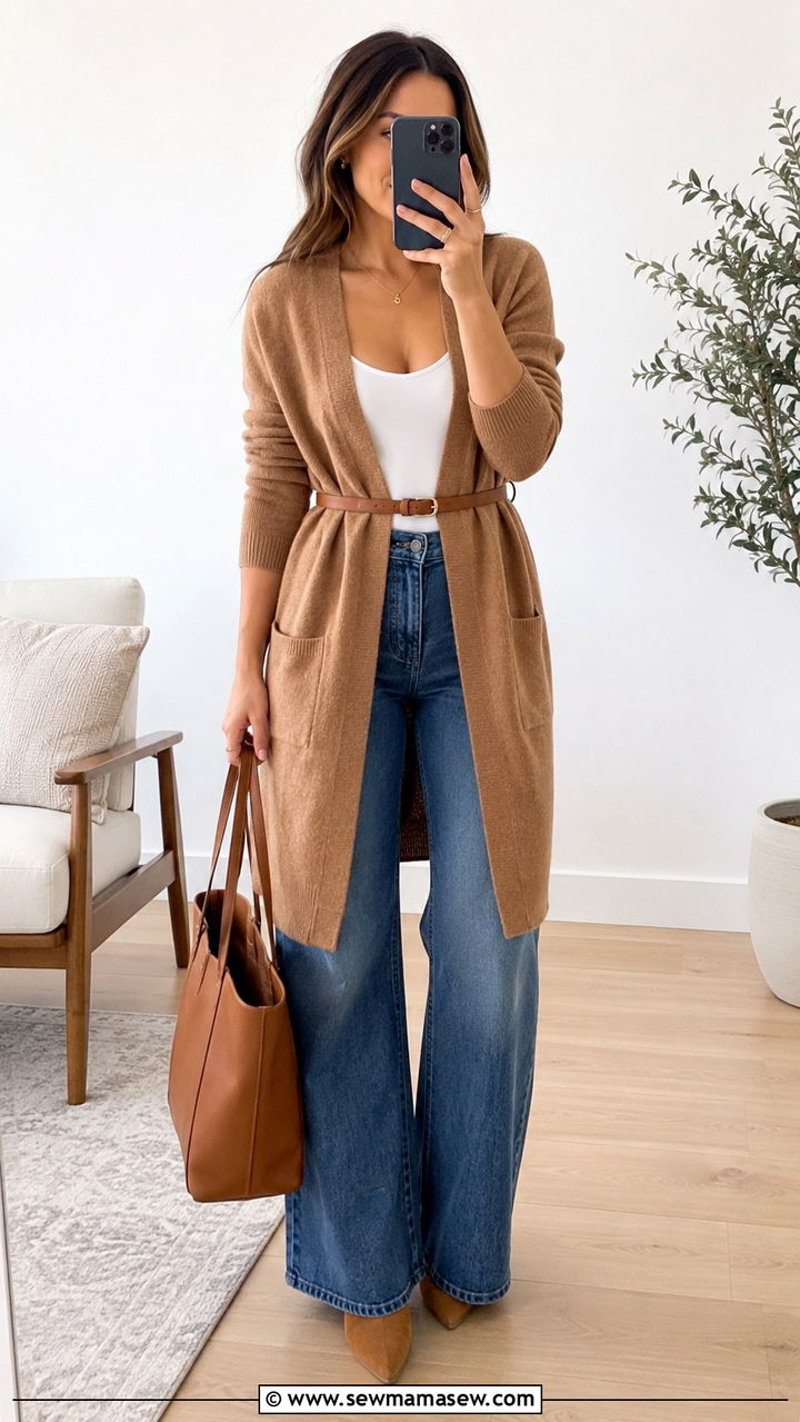 Belted Cardigan With Wide Leg Jeans - 25 Wide leg jeans outfit ideas with a cardigan