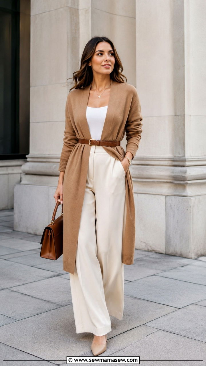 Belted Cardigan With Wide Leg Trousers - 30 how to style cardigan