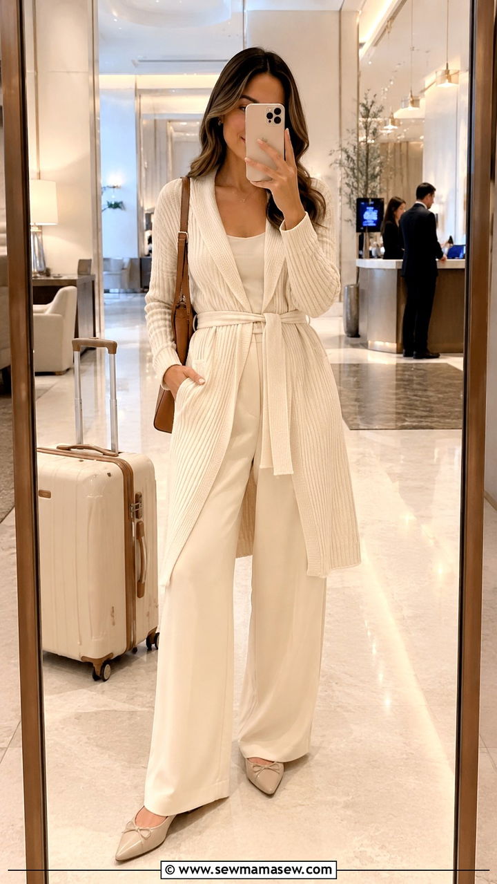 Belted Cardigan With Wide Leg Trousers and Flats - 20 How to style a cardigan for travel