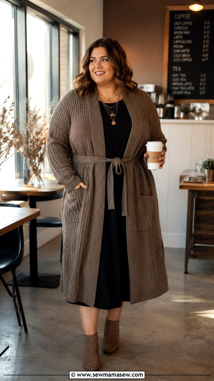 Belted Cardigan over Midi Dress with Ankle Boots - 30 Plus size brunch outfits