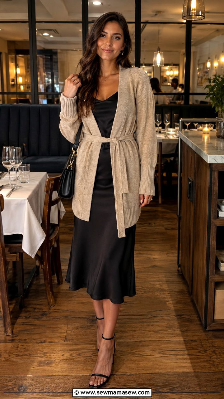 Belted Cardigan with Slip Midi Dress and Block Heels - 30 Midi dress outfit ideas with a cardigan