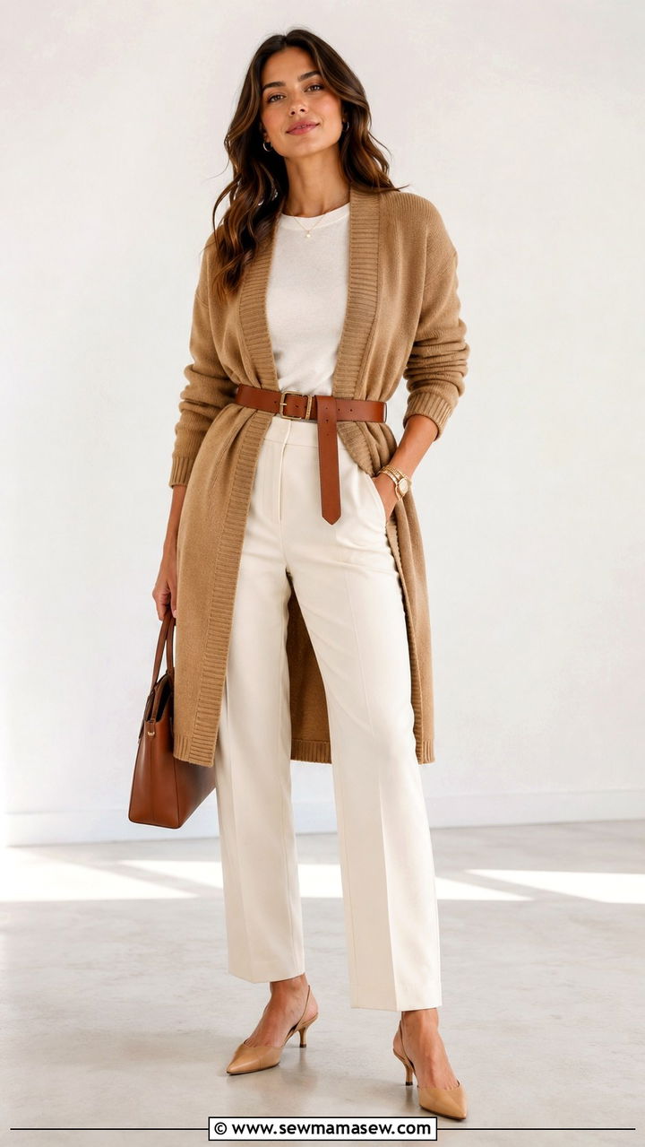 Belted Cardigan with Straight Leg Trousers and Kitten Heels - 30 How to style a cardigan for work