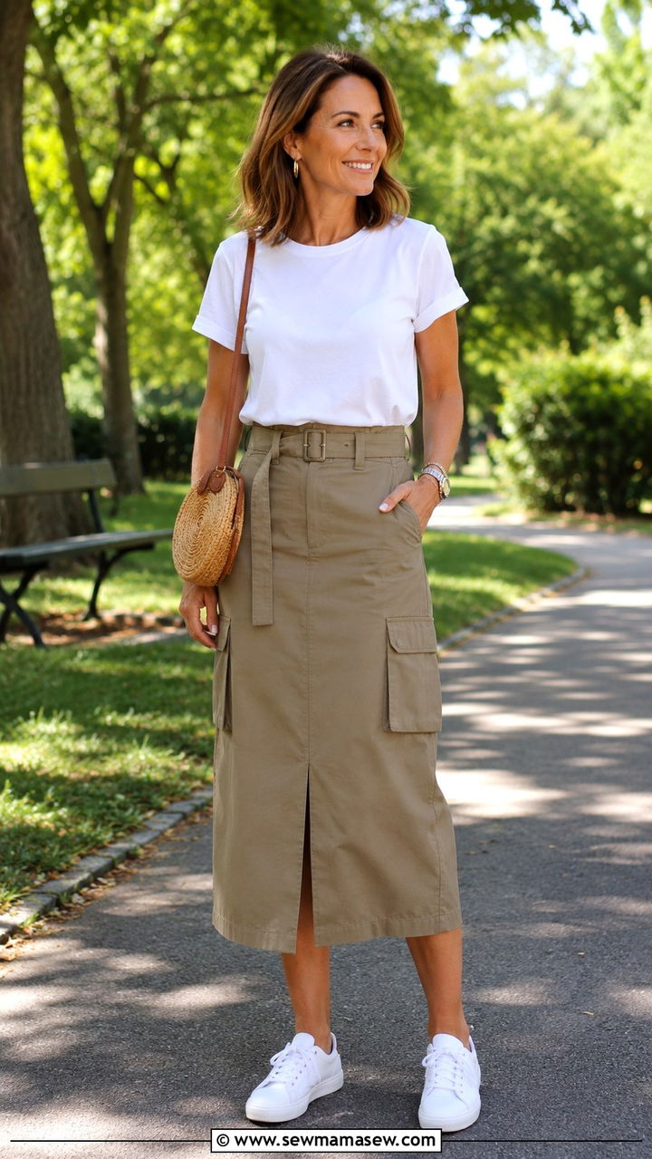 Belted Cargo Skirt With a Simple Tee - 30 Trendy outfit ideas for women over 60