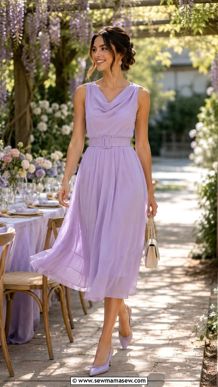 Belted Chiffon Midi Dress With Kitten Heels - 30 Party outfits for pear shape