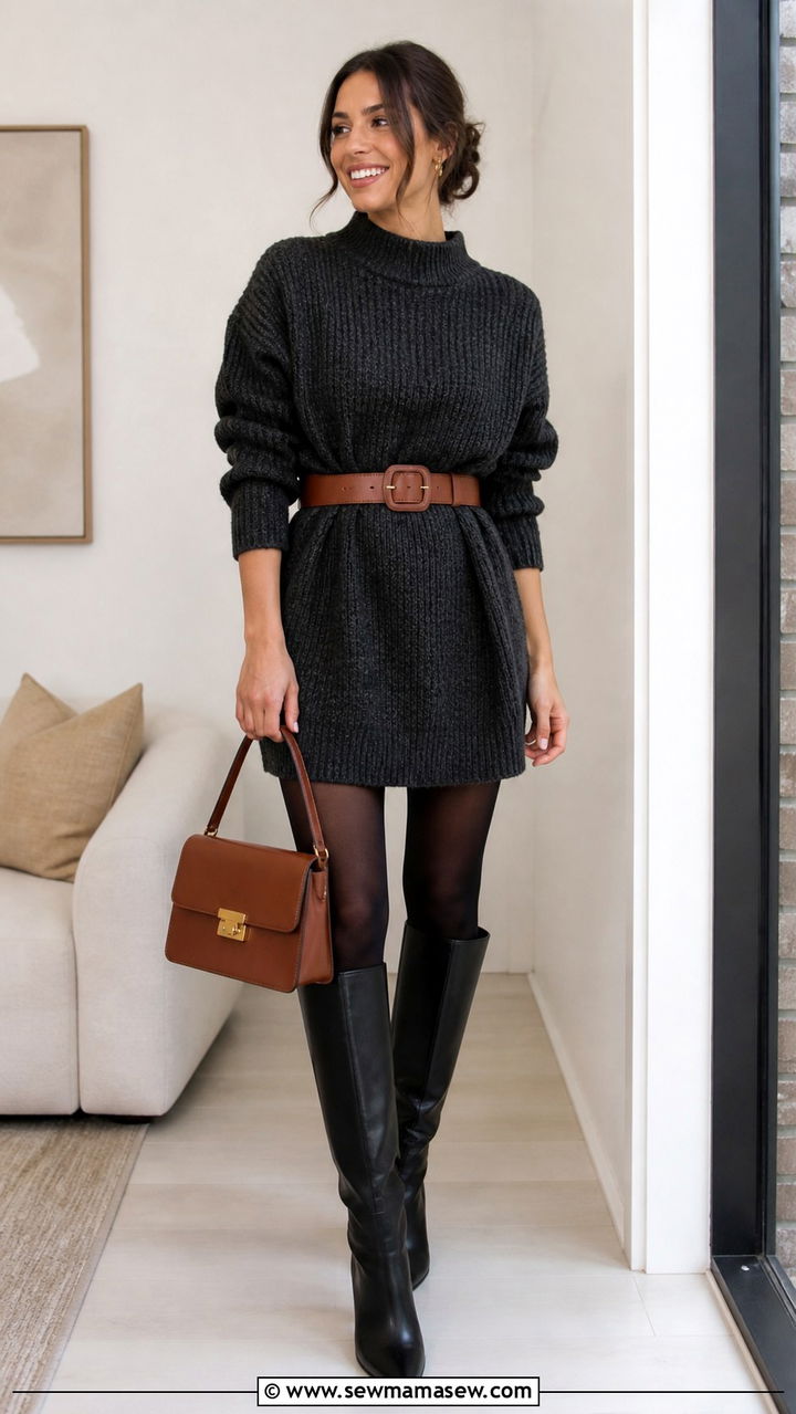 Belted Chunky Sweater Dress - 40 Chunky sweater outfit ideas