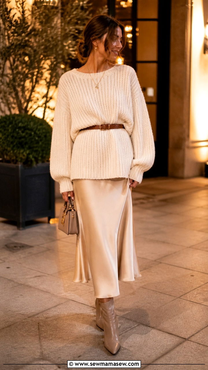 Belted Chunky Sweater with Midi Skirt - 40 Chunky sweater outfit ideas