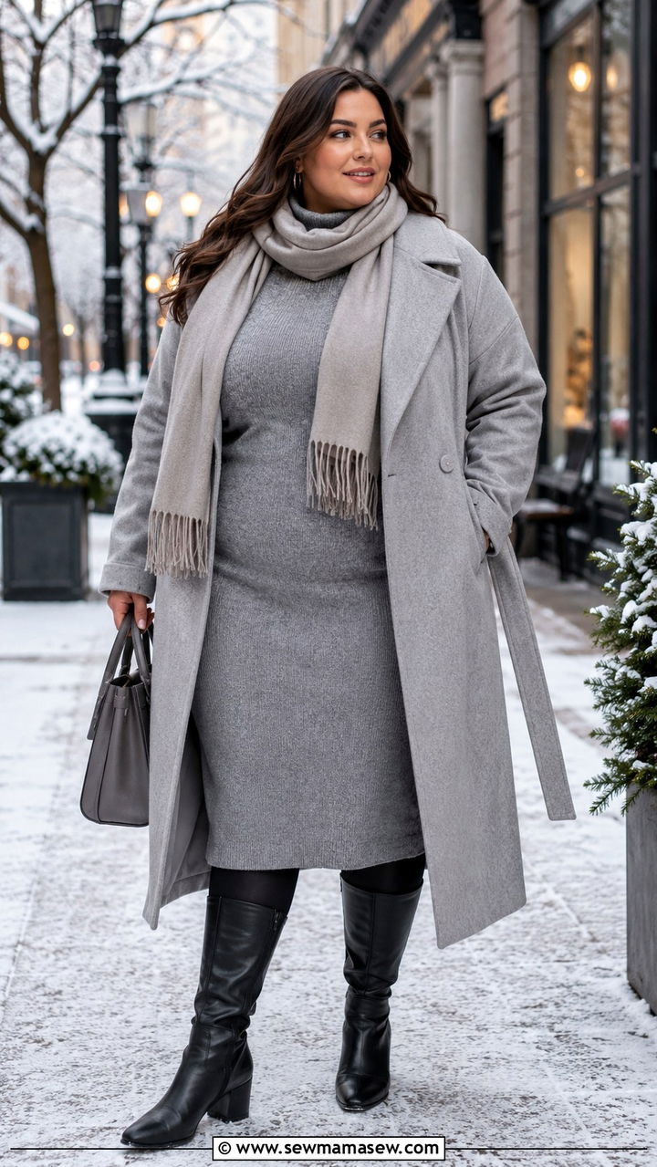 Belted Coat Over Midi Sweater Dress Plus Size - 30 Modest outfit ideas plus size