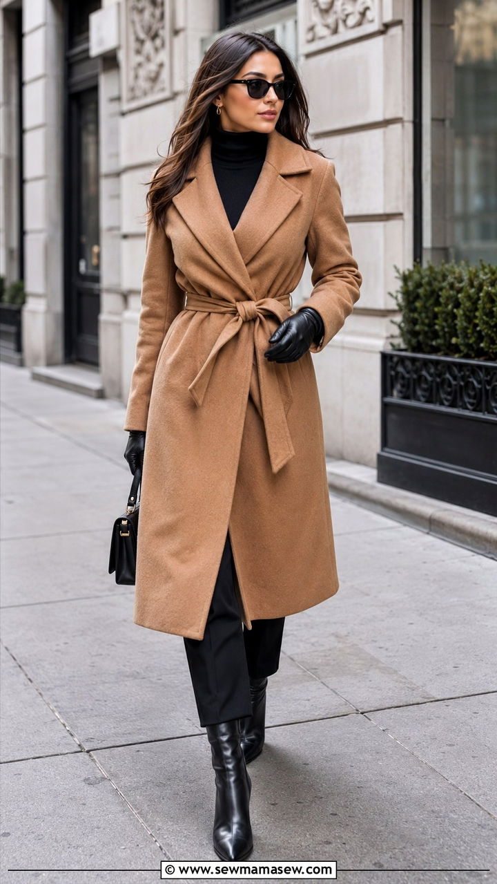 Belted Coat Over a Monochrome Base Layer - 30 Outfit ideas for wide hips