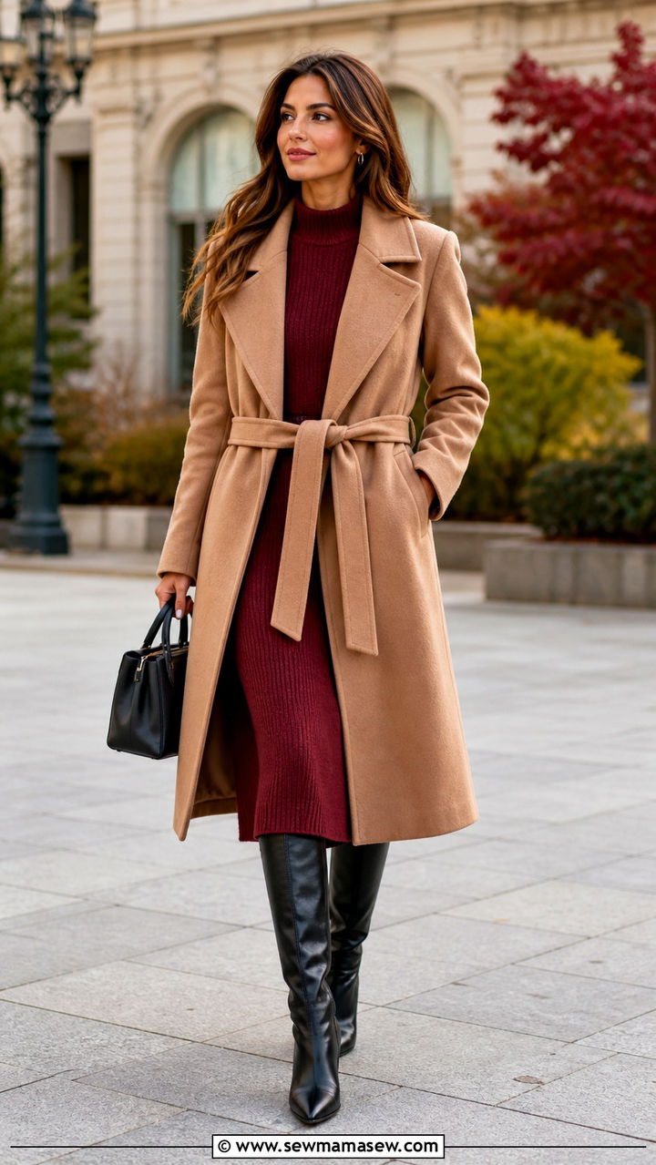 Belted Coat with Midi Dress and Knee High Boots - 40 transitional outfits