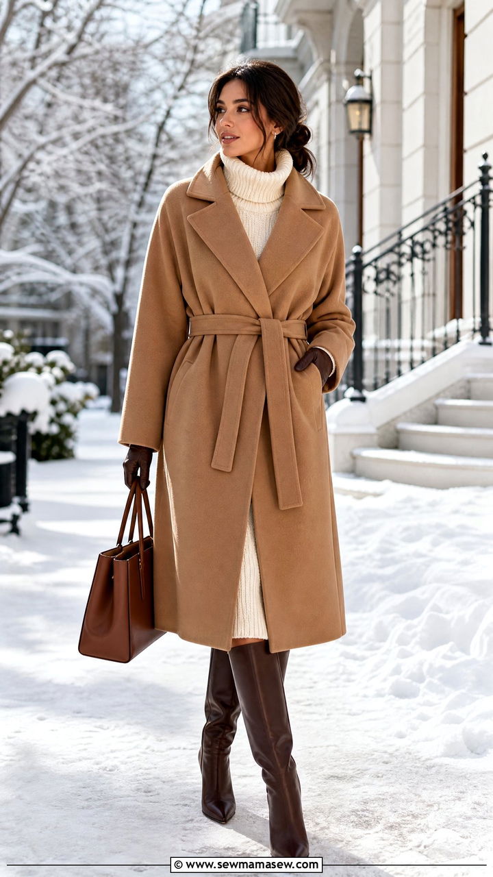 Belted Cocoon Coat With Knee High Boots - 25 Outfit ideas to create hourglass