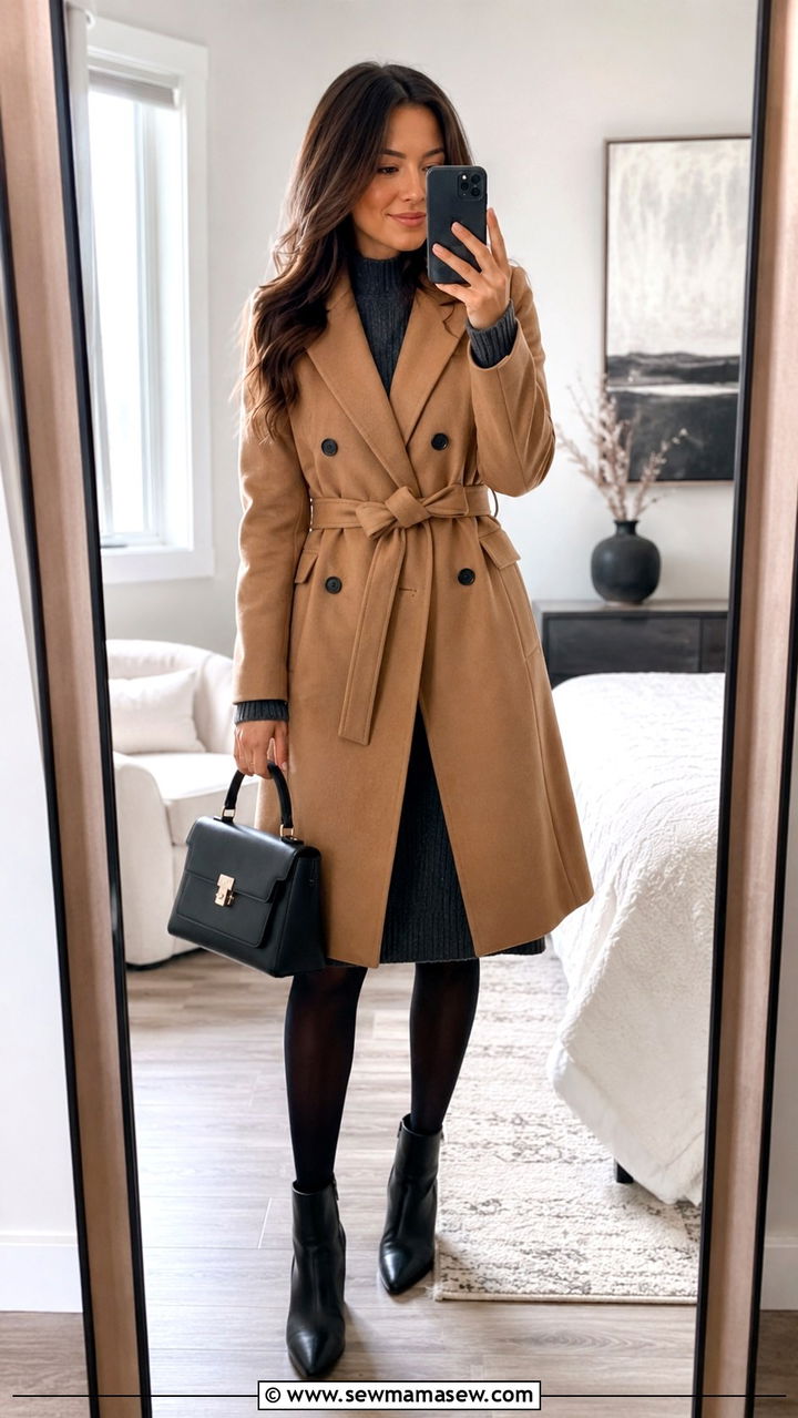 Belted Double Breasted Coat with Sweater Dress and Ankle Boots - 30 Double breasted coat outfit ideas