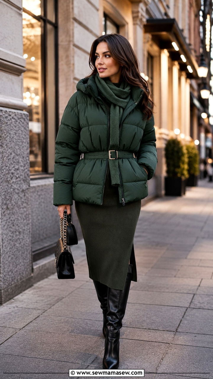 Belted Forest Green Puffer With Sweater Dress And Knee High Boots - 25 Puffer jacket outfit ideas cute