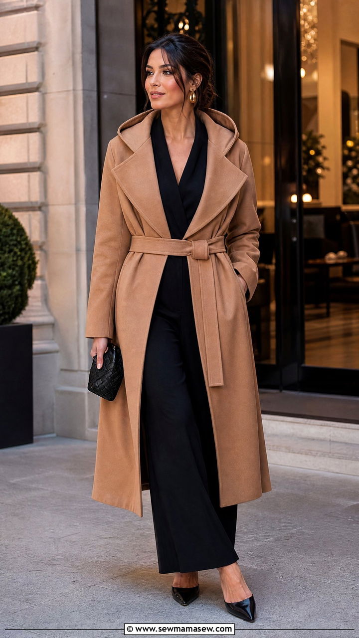 Belted Hooded Camel Coat With A Jumpsuit And Pointed Toe Mules - 35 Hooded coat outfit ideas