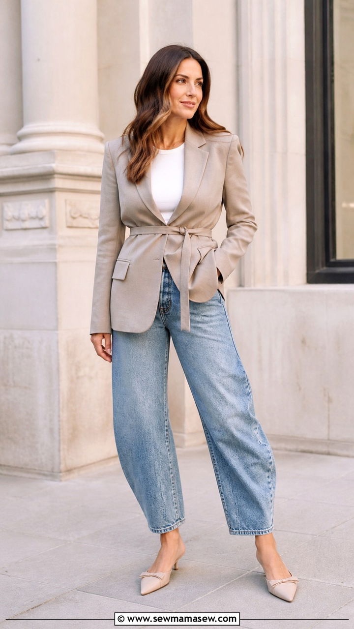 Belted Hourglass Blazer With Barrel Leg Jeans And Kitten Heels - 40 casual blazer outfits