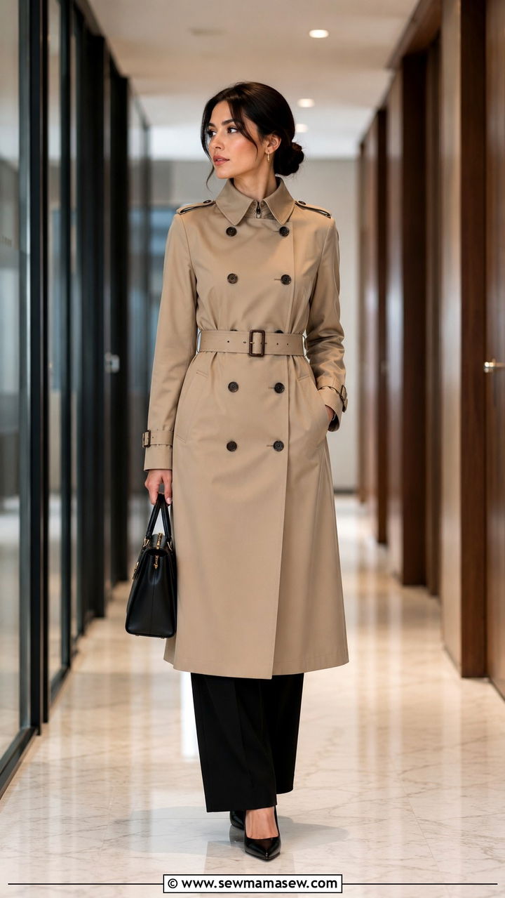Belted Khaki Trench Coat Over Wide Leg Dress Pants - 30 Khaki trench coat outfit ideas with wide leg pants