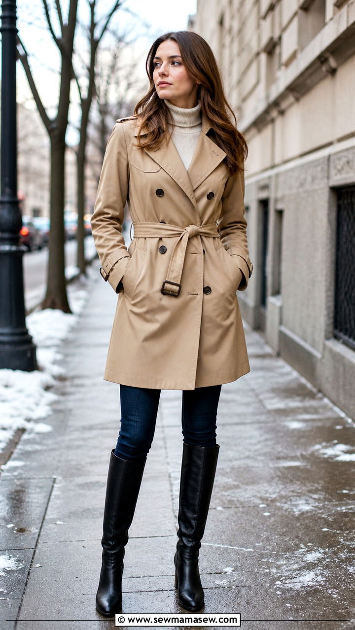 Belted Khaki Trench Coat with Slim Fit Jeans and Knee High Boots - 30 Khaki trench coat outfit ideas with jeans