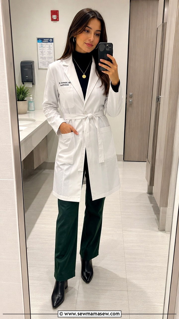 Belted Lab Coat With Straight Leg Pants - 30 Doctor outfit ideas