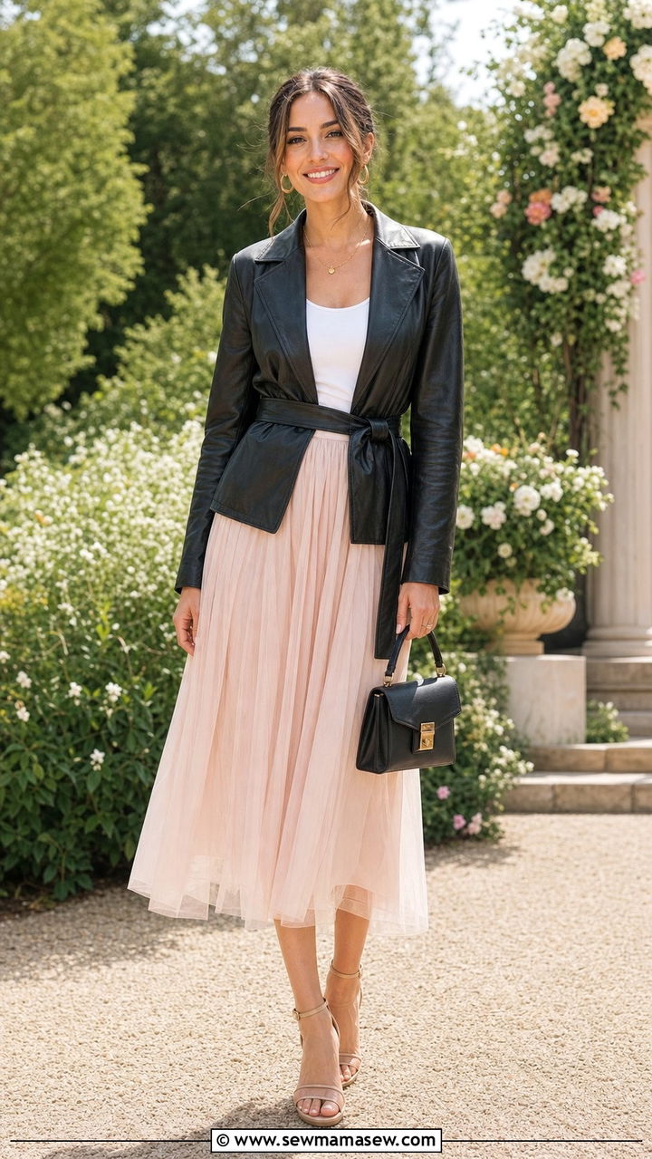 Belted Leather Jacket with a Flowy Midi Skirt - 25 Summer outfits with leather jackets