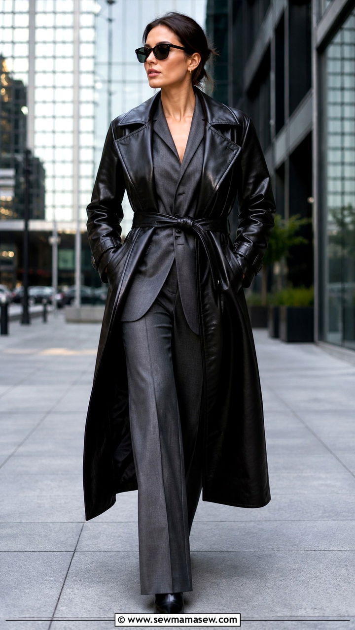 Belted Leather Trench Coat over Tailored Suit - 40 Boss lady outfit ideas