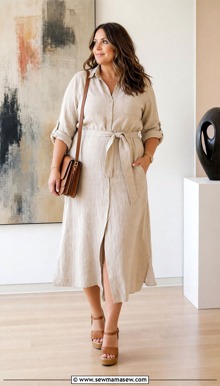 Belted Linen Midi Shirt Dress With Platform Sandals - 25 Summer outfits for apple shape