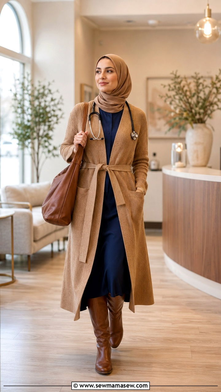 Belted Long Cardigan Over Dress - 20 Modest outfit ideas for doctor