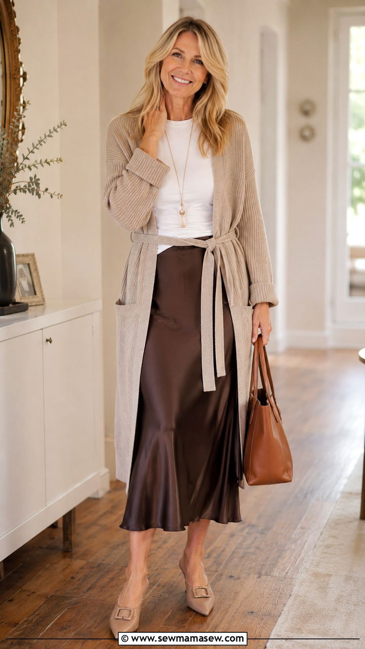 Belted Long Cardigan with a Midi Slip Skirt - 25 Outfit ideas for rectangle over 50