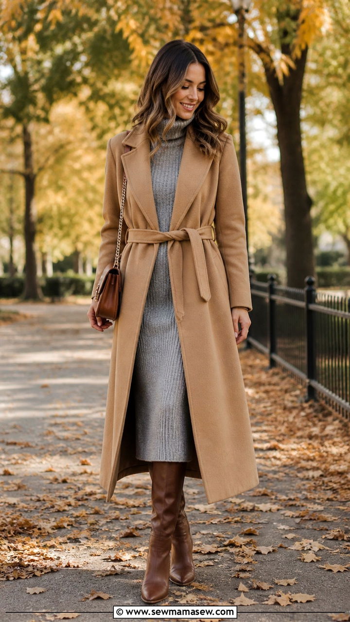 Belted Maxi Coat With Midi Sweater Dress and Knee Boots - 40 Maxi coat outfit ideas