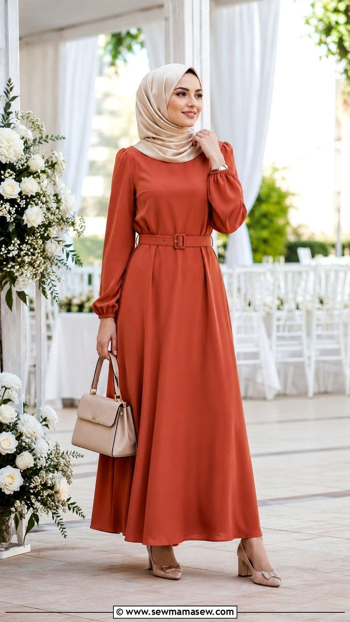 Belted Maxi Dress With Flowy A Line Skirt - 30 Modest wedding guest outfit ideas for Muslim women