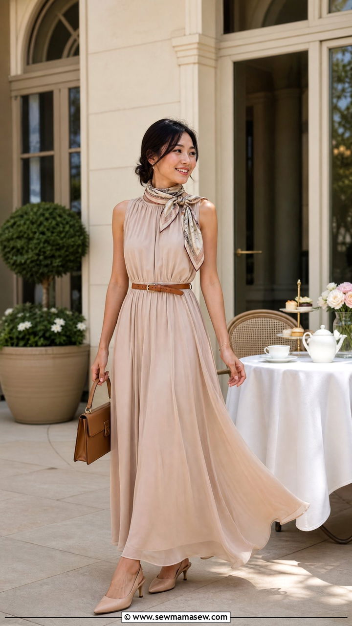 Belted Maxi Dress With Kitten Heel Sandals - 25 Maxi dress for petite outfit ideas