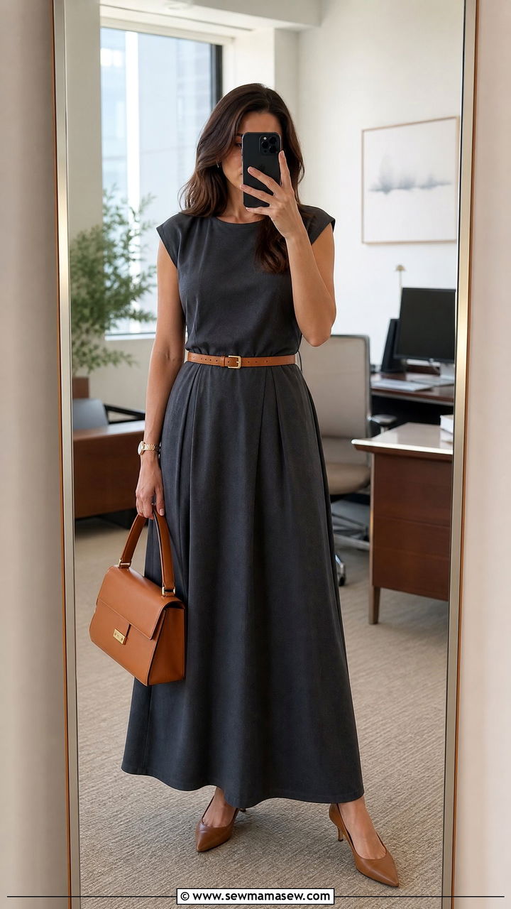 Belted Maxi Dress With Kitten Heels And Structured Satchel - 30 Maxi dress for work outfit ideas