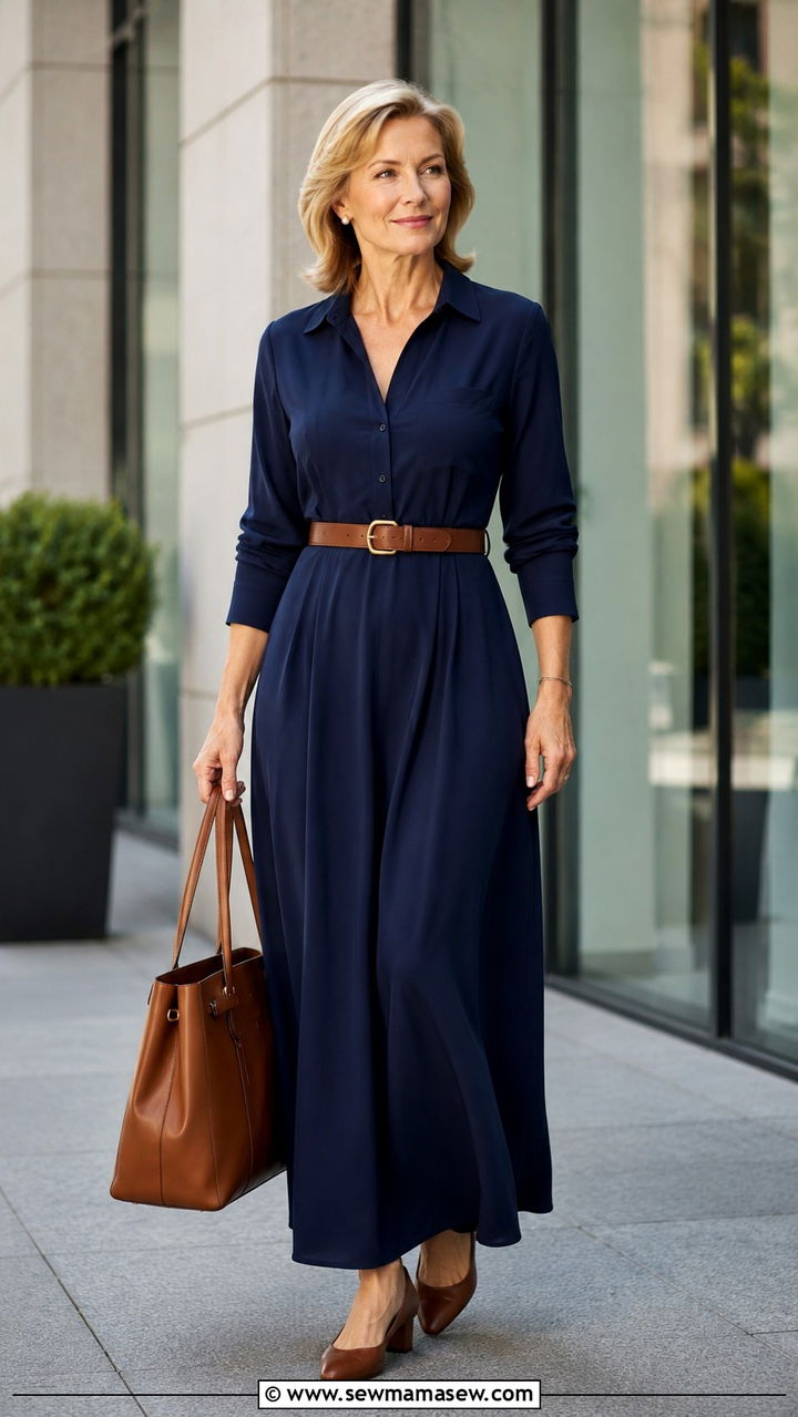 Belted Maxi Dress With Structured Tote - 30 maxi dress outfits for women over 40