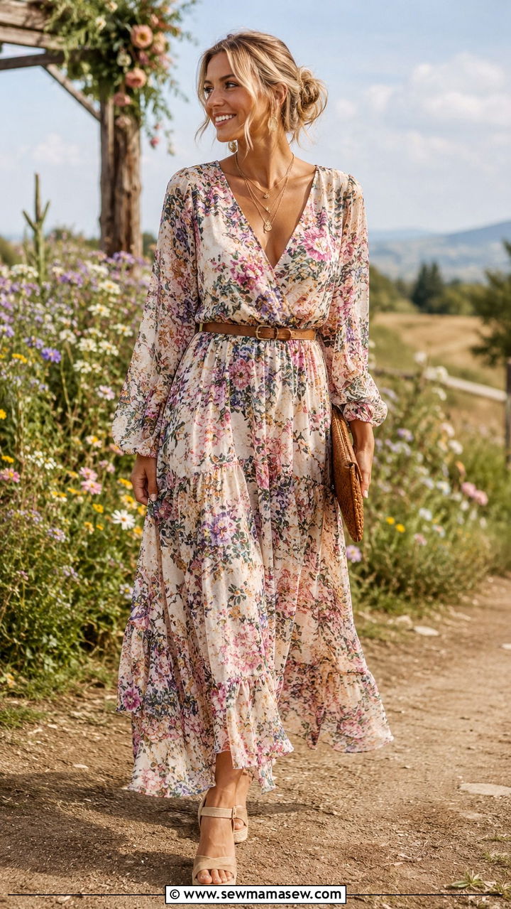 Belted Maxi Dress with Wedge Heels - 30 cute spring wedding guest outfits