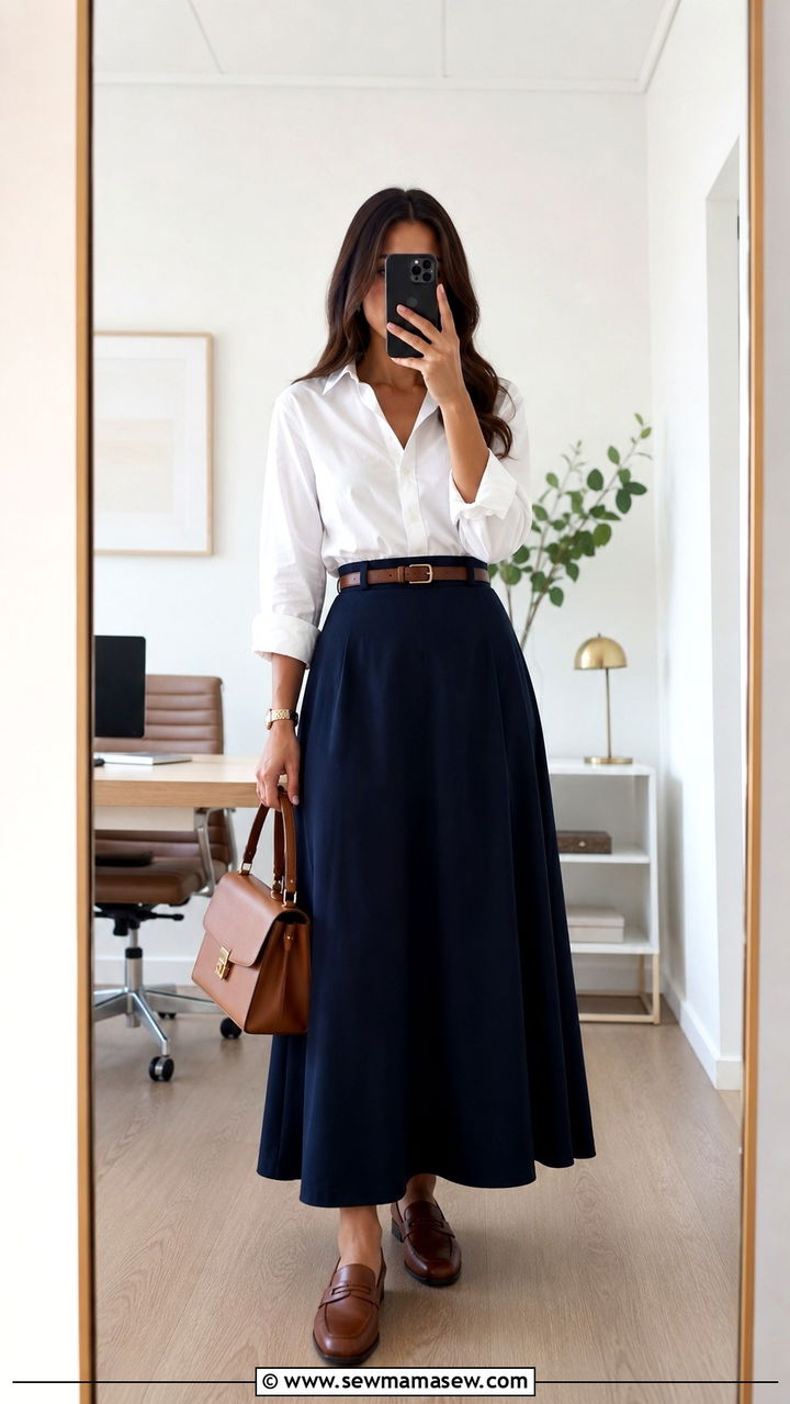 Belted Maxi Skirt With Tucked In Shirt - 30 Maxi skirt outfit ideas for work