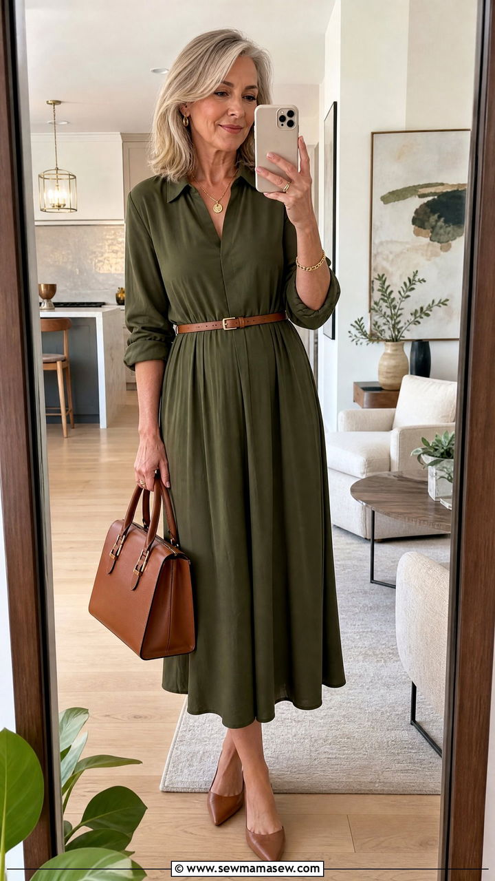 Belted Midi Dress Outfit for Women Over 50 - 30 Dress outfit ideas for women over 50