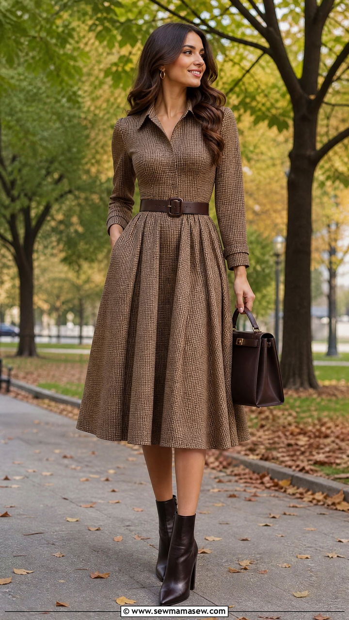 Belted Midi Dress With Ankle Boots - 25 Outfits for long torso women