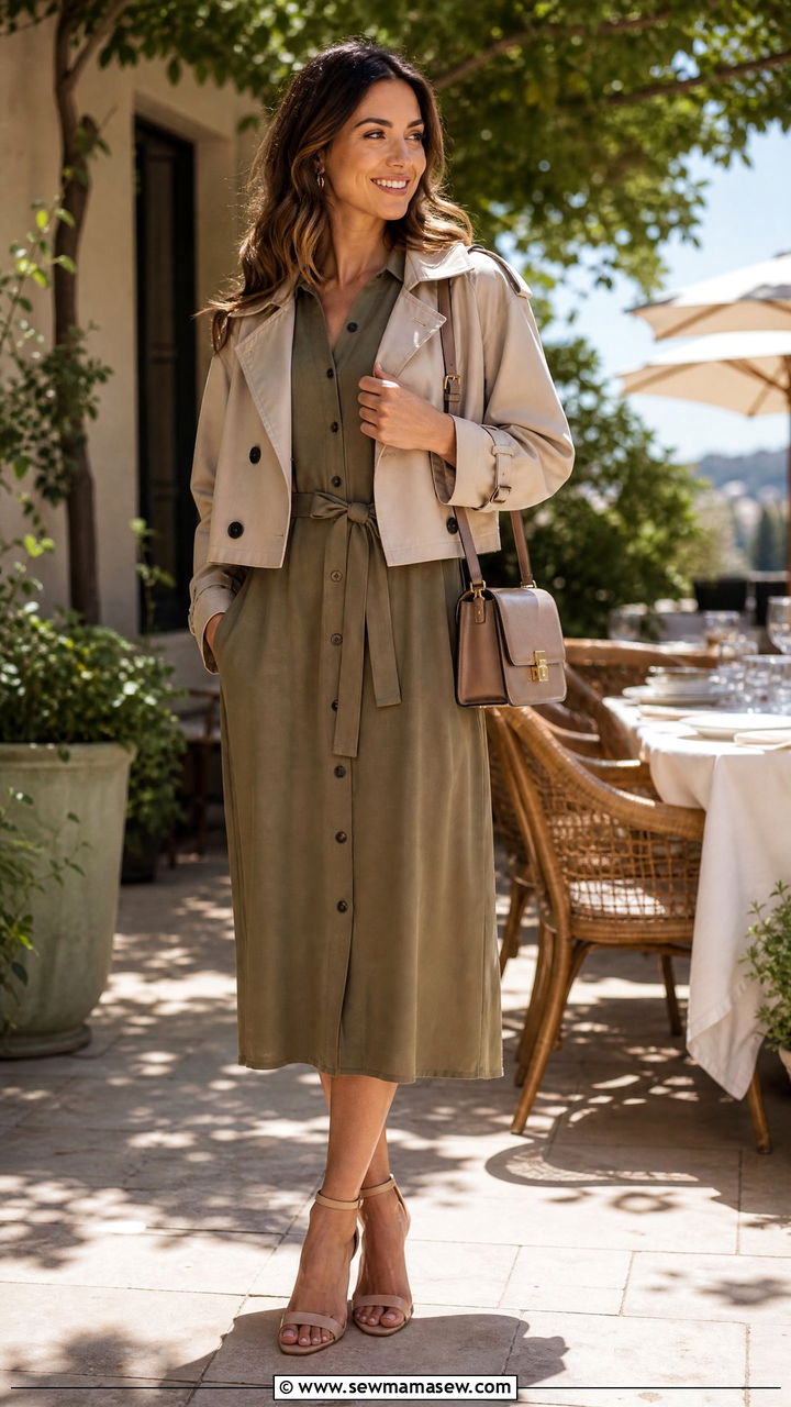 Belted Midi Dress With Cropped Trench and Ankle Strap Sandals - 30 Midi dress outfit ideas with a jacket
