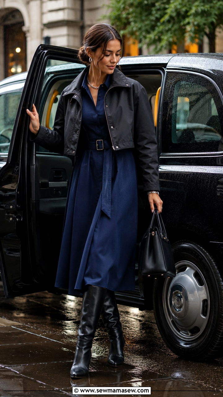 Belted Midi Dress With Cropped Waterproof Jacket - 30 Rainy day work outfit ideas