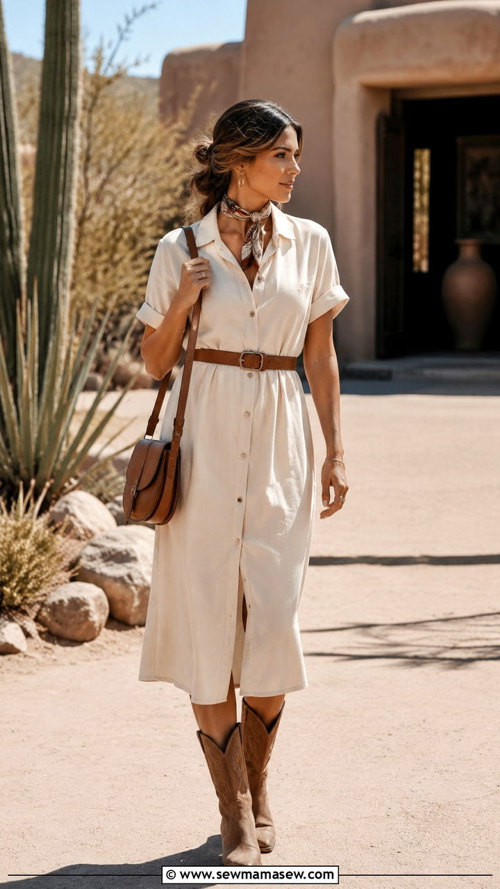 Belted Midi Dress With Western Boots - 30 Midi dress outfit ideas with boots