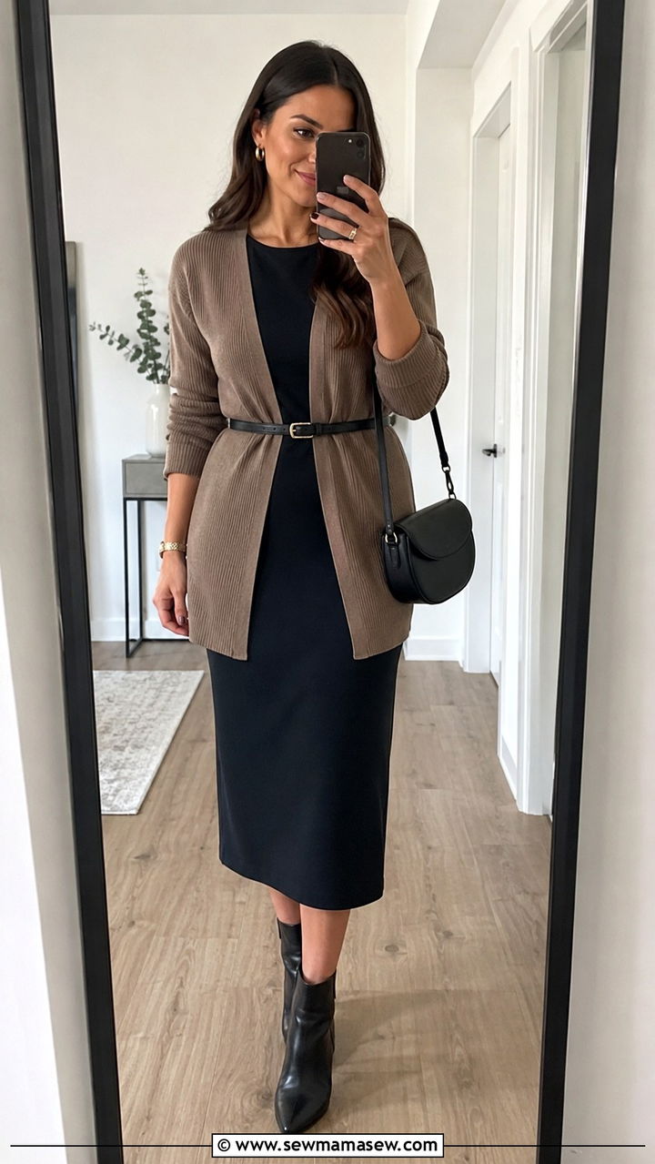 Belted Midi Dress with Open Cardigan - 30 Midi dress with cardigan outfit ideas