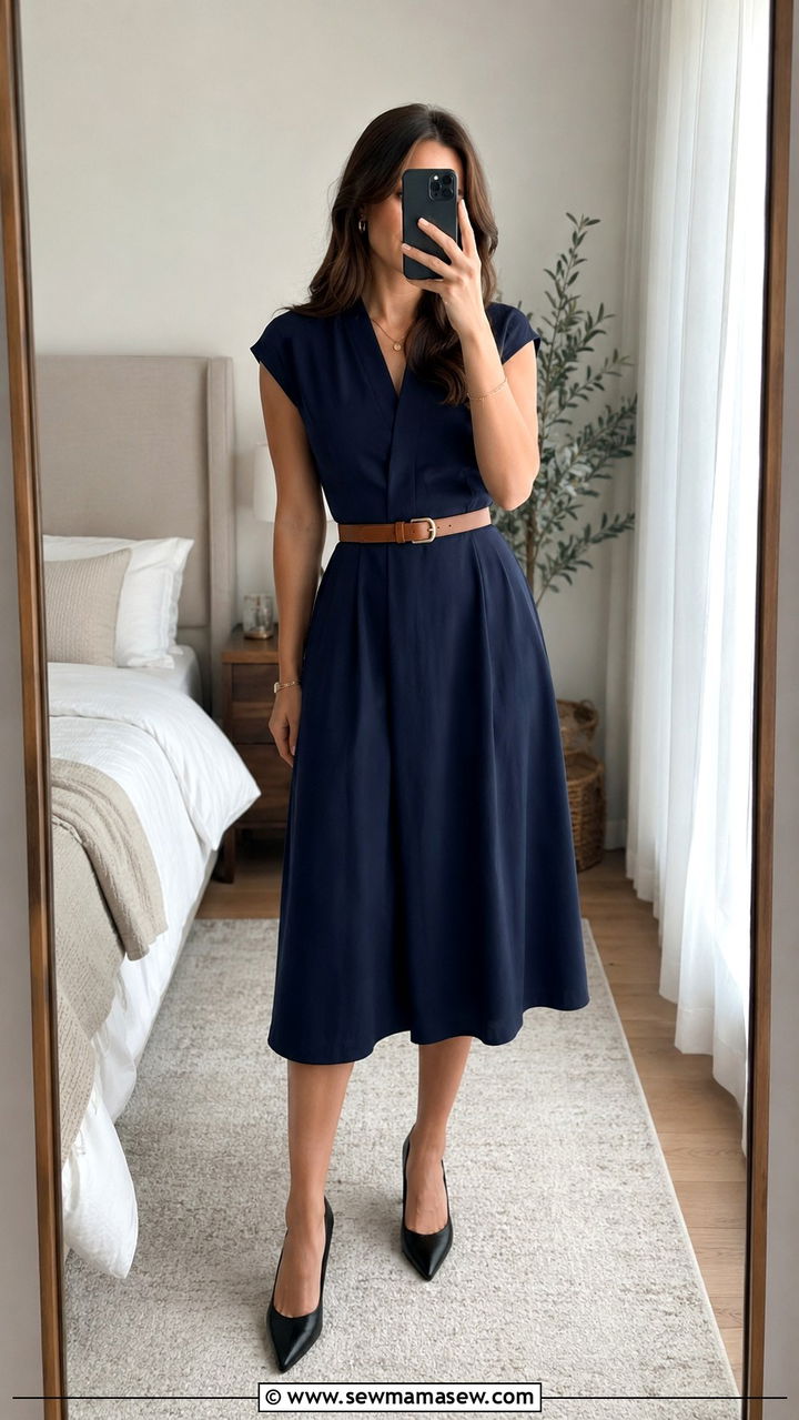 Belted Midi Dress with Pointed Toe Pumps - 25 Outfits that slim the waist