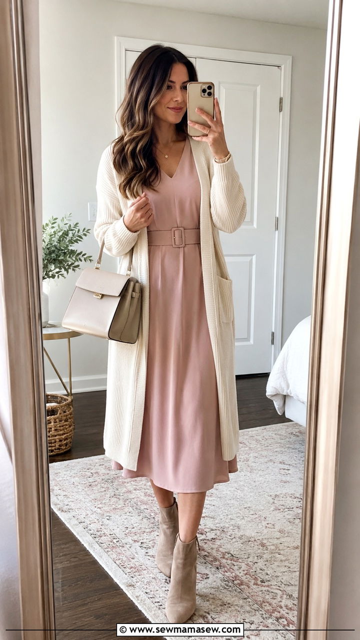 Belted Midi Dress with a Soft Cardigan - 25 Modest outfit ideas spring 2026