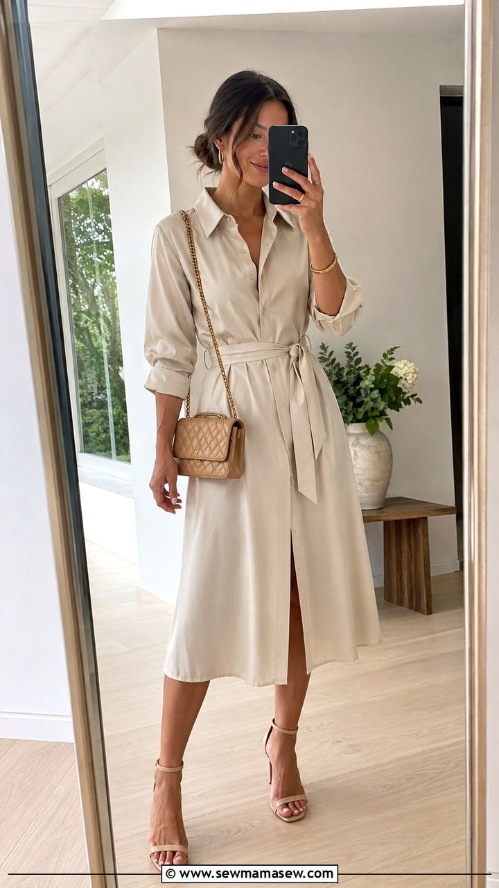 Belted Midi Shirt Dress Outfit - 25 Wedding guest outfit ideas apple shape