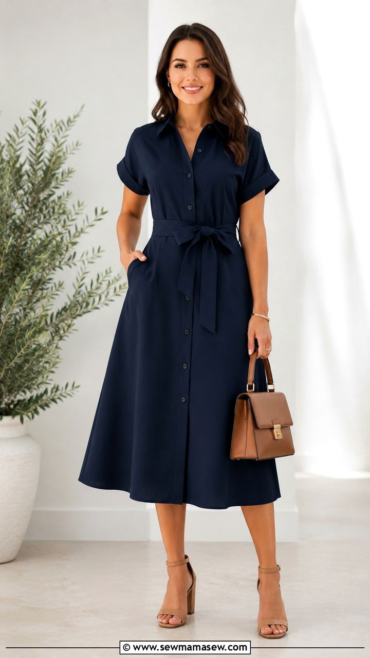 Belted Midi Shirt Dress With Heeled Sandals - 30 Shirt dress outfit ideas for summer